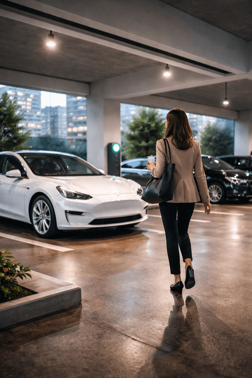A modern office car park at the end of the workday, with an employee walking toward their car